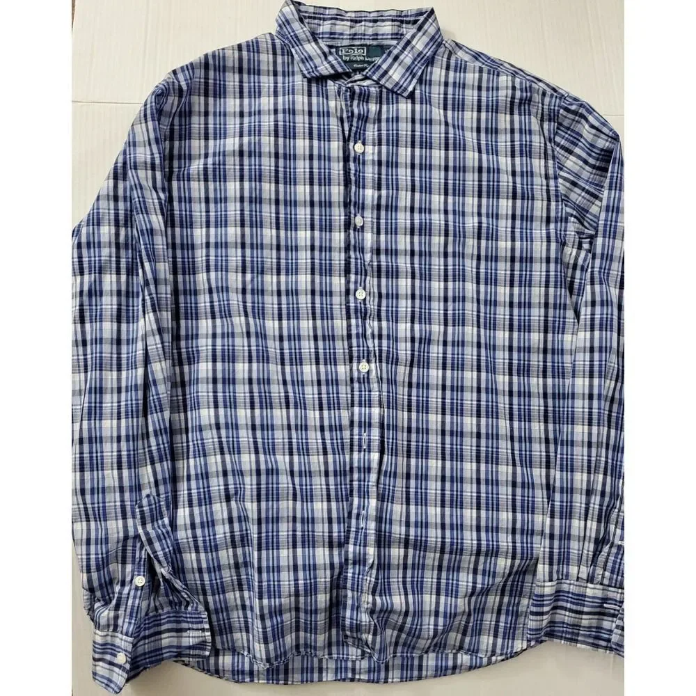 Polo Ralph Lauren Men's Long Sleeve Blue Plaid‎ Custom Fit Casual Shirt Size XXL